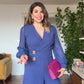 CROSSOVER NECK WAIST-DETAILED WIDE-LEG ELEGANT JUMPSUIT - İNDİGO