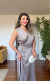GOLD BUTTON DETAIL WRAP DRESS – MINK
