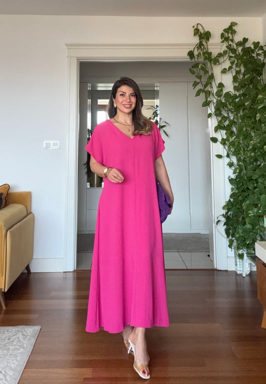 V-NECK OVERSIZED MAXI DRESS - FUCHSIA