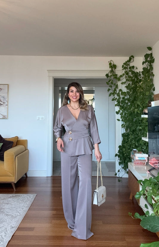 ELEGANT WRAP PEPLUM SUIT – MINK