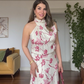FLORAL PRINT SATIN-TEXTURED MIDI DRESS – BURGUNDY