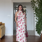 FLORAL PRINT SATIN-TEXTURED MIDI DRESS – BURGUNDY