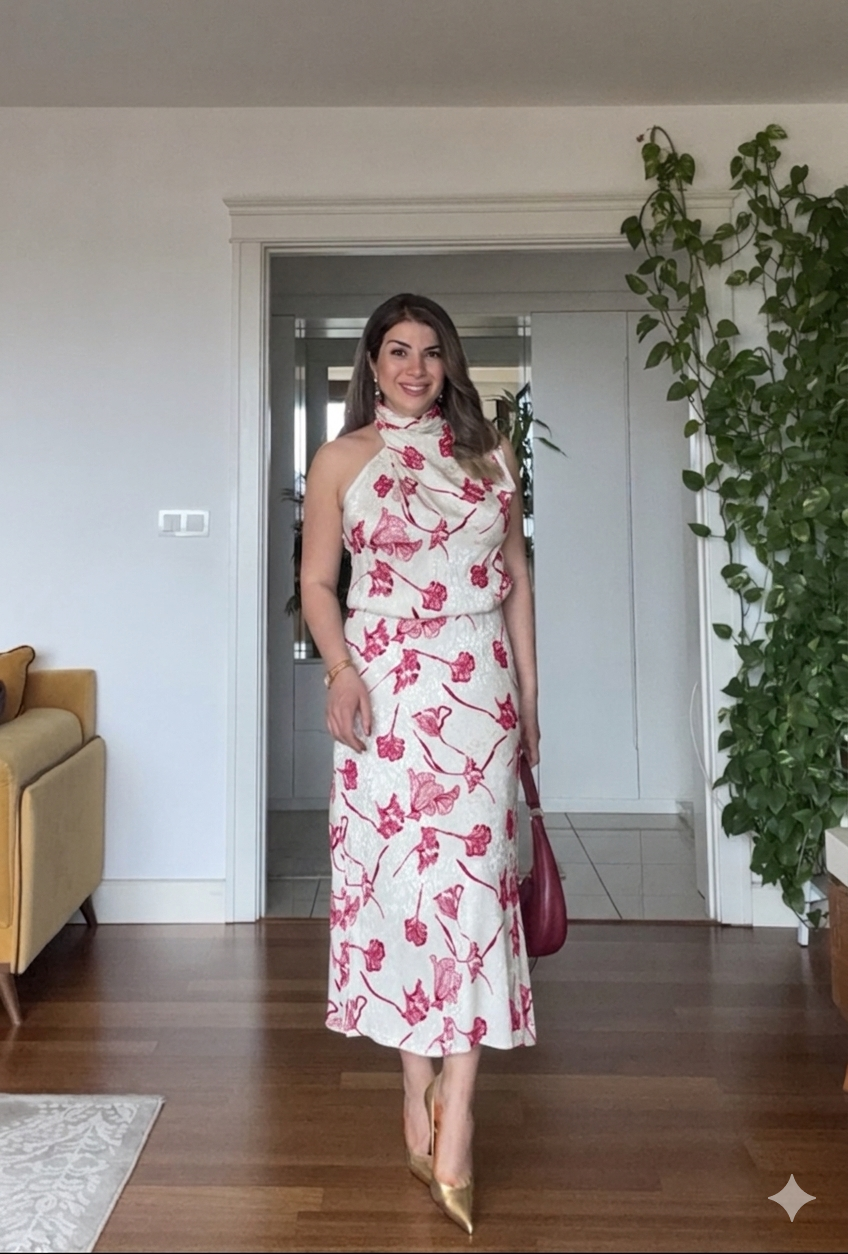FLORAL PRINT SATIN-TEXTURED MIDI DRESS – BURGUNDY