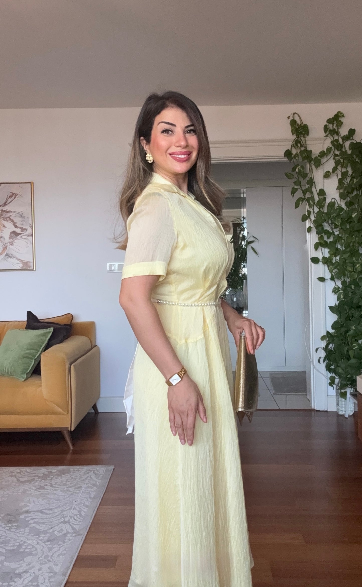 PRINCESS MODEL SHIMMERY SHIRT DRESS - YELLOW