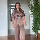 SATIN TWO-PIECE SET WITH WRAP TIE DETAIL - MOCHA BROWN