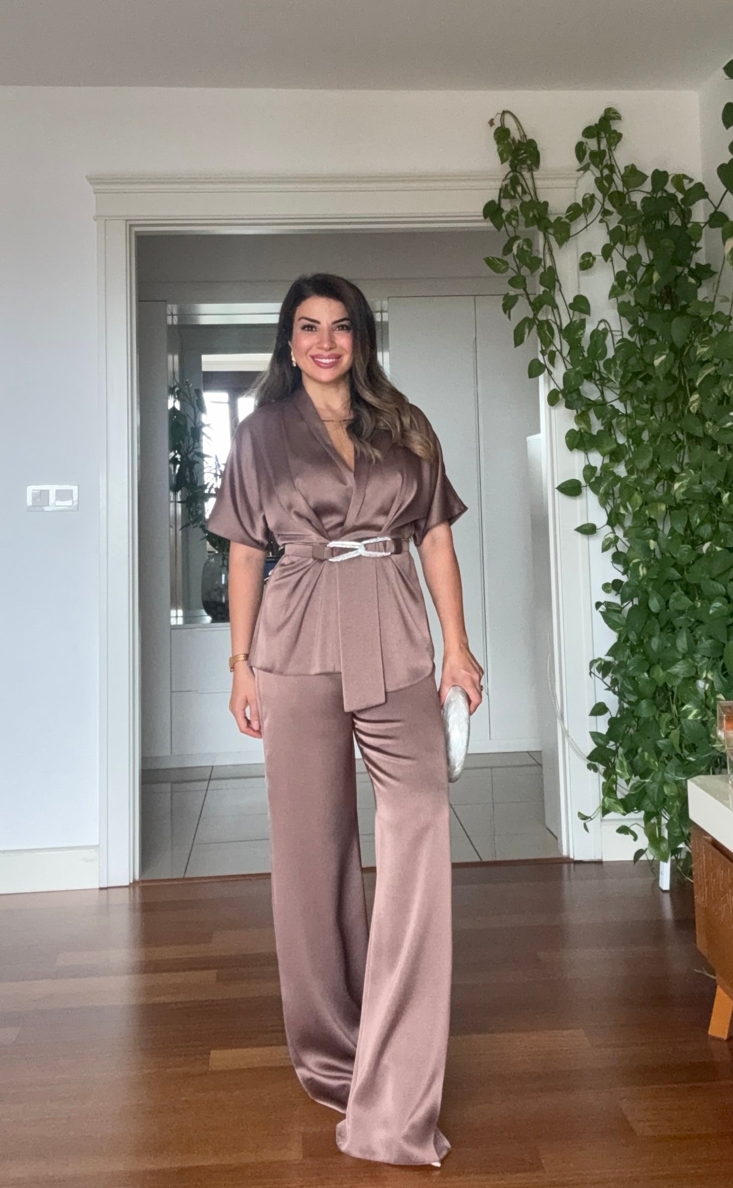 SATIN TWO-PIECE SET WITH WRAP TIE DETAIL - MOCHA BROWN