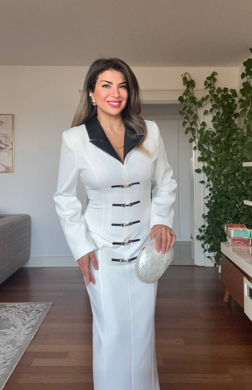 BELTED LEATHER COLLAR MIDI DRESS - WHITE