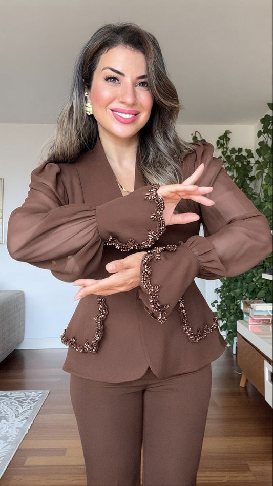 EMBELLISHED CHIFFON SLEEVE BLAZER SUIT - BROWN