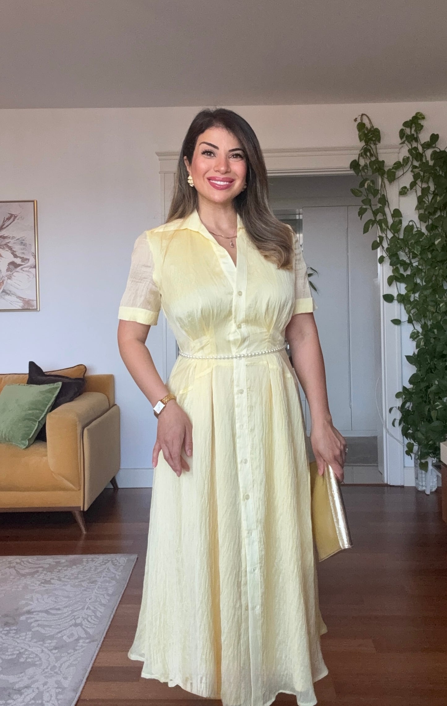 PRINCESS MODEL SHIMMERY SHIRT DRESS - YELLOW