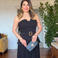 V-NECK BELTED PLEATED MAXI DRESS - BLACK