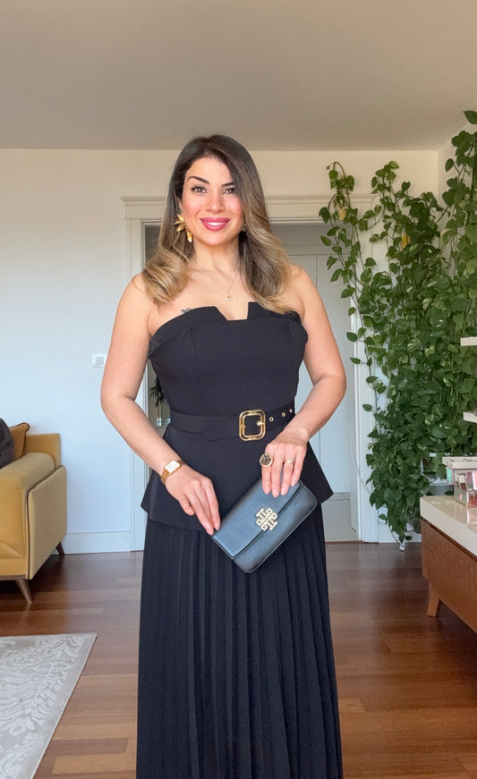 V-NECK BELTED PLEATED MAXI DRESS - BLACK