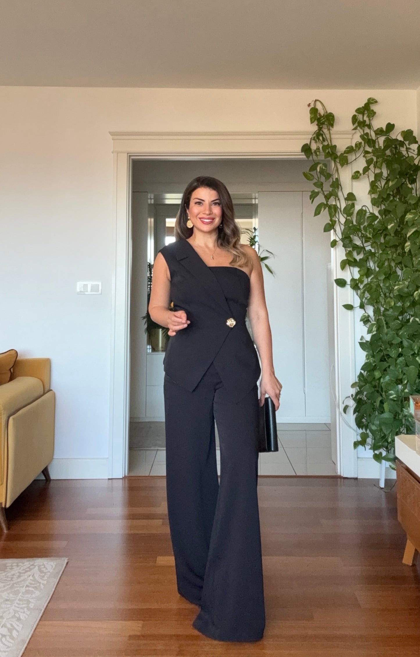 ASYMMETRIC ONE-SHOULDER BLAZER COLLAR WIDE-LEG SUIT - BLACK