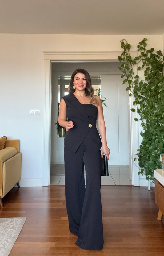 ASYMMETRIC ONE-SHOULDER BLAZER COLLAR WIDE-LEG SUIT - BLACK