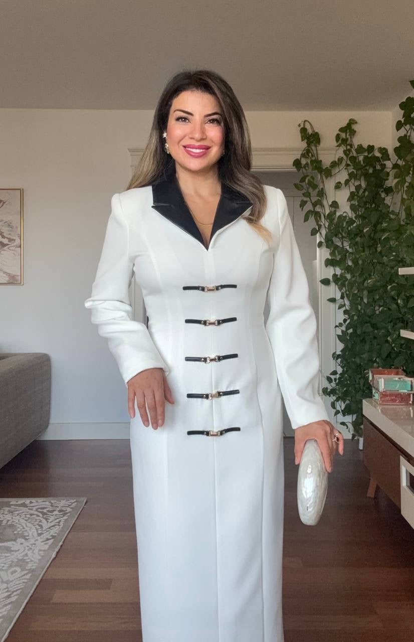 BELTED LEATHER COLLAR MIDI DRESS - WHITE