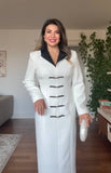BELTED LEATHER COLLAR MIDI DRESS - WHITE