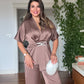 SATIN TWO-PIECE SET WITH WRAP TIE DETAIL - MOCHA BROWN