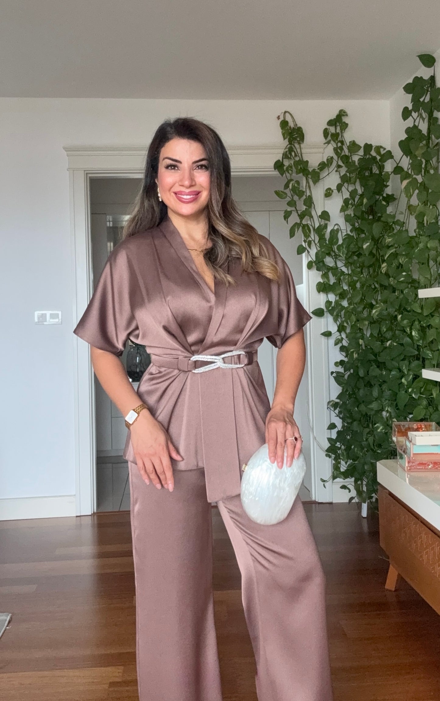 SATIN TWO-PIECE SET WITH WRAP TIE DETAIL - MOCHA BROWN
