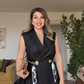 VEST TWO-PIECE SET WITH CHAIN BELT DETAIL - BLACK