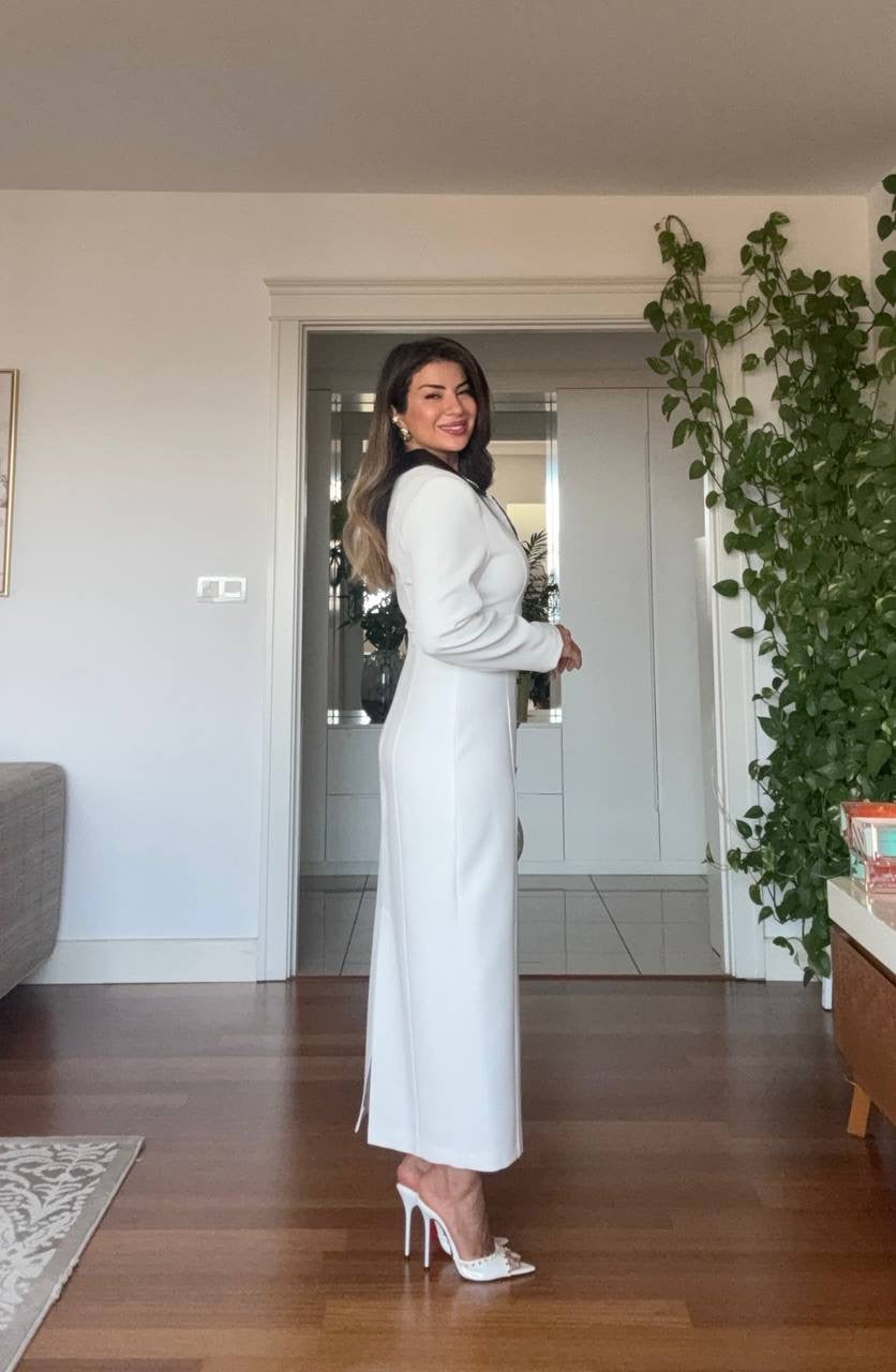 BELTED LEATHER COLLAR MIDI DRESS - WHITE