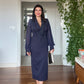 BEADED EMBROIDERED CHIFFON SLEEVE MIDI DRESS - NAVY