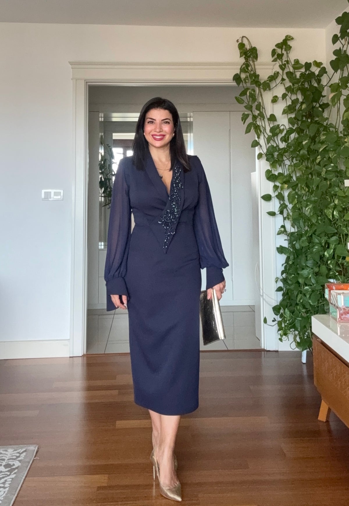 BEADED EMBROIDERED CHIFFON SLEEVE MIDI DRESS - NAVY