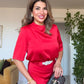 SATIN DRAPED NECK BELTED MIDI DRESS – RED