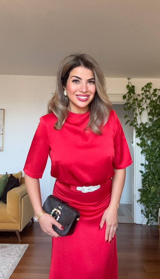 SATIN DRAPED NECK BELTED MIDI DRESS – RED