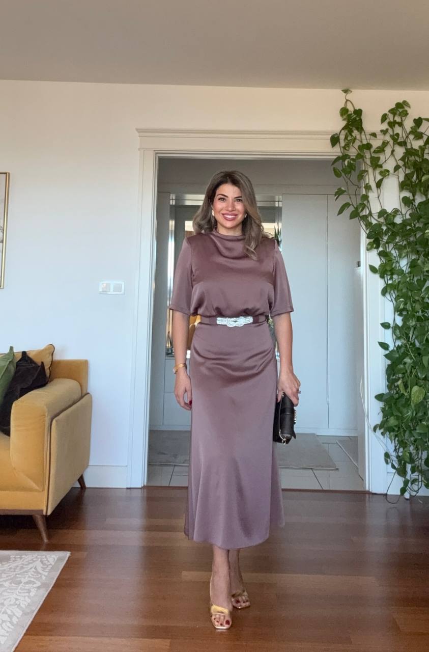 SATIN DRAPED NECK BELTED MIDI DRESS – MOCHA BROWN