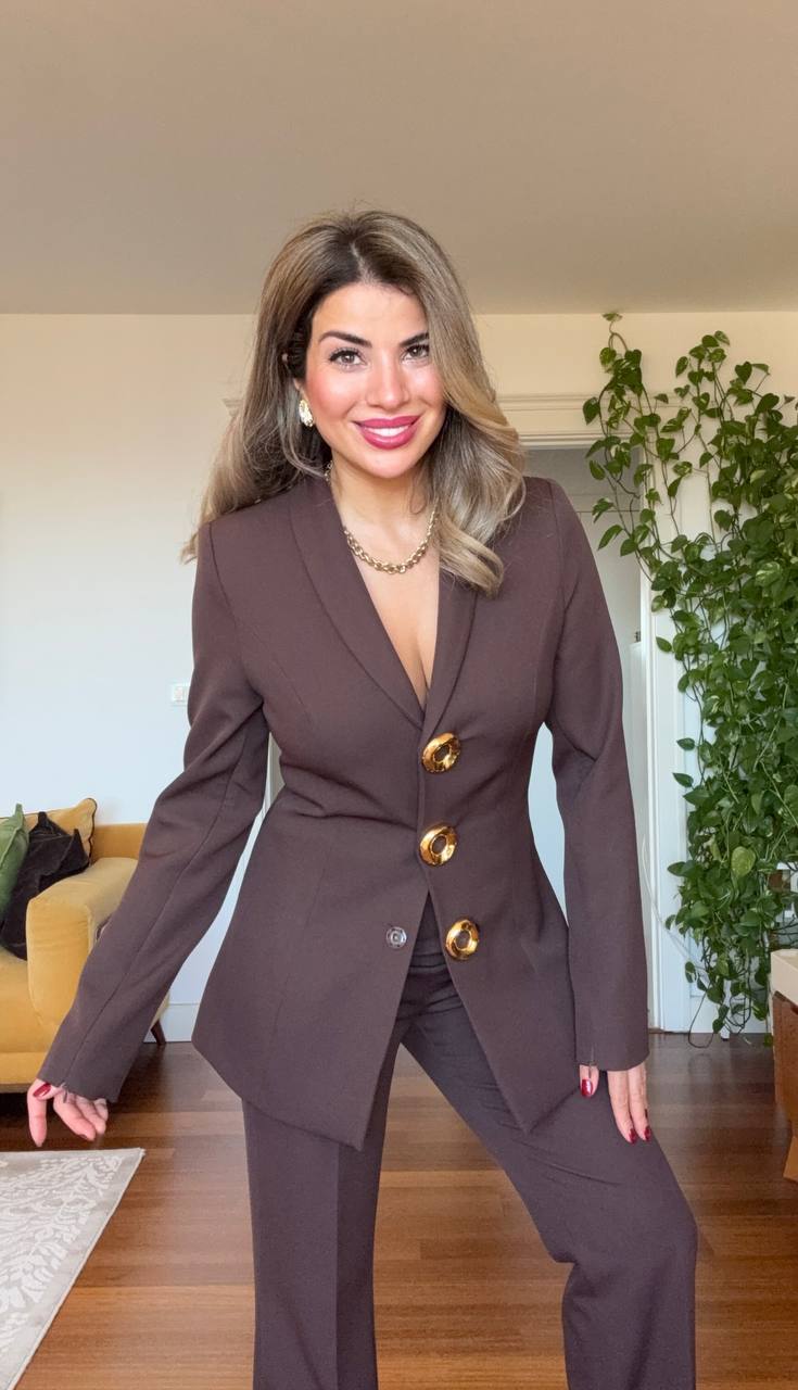 LEOPARD DETAIL BUTTONED BLAZER SUIT – BROWN