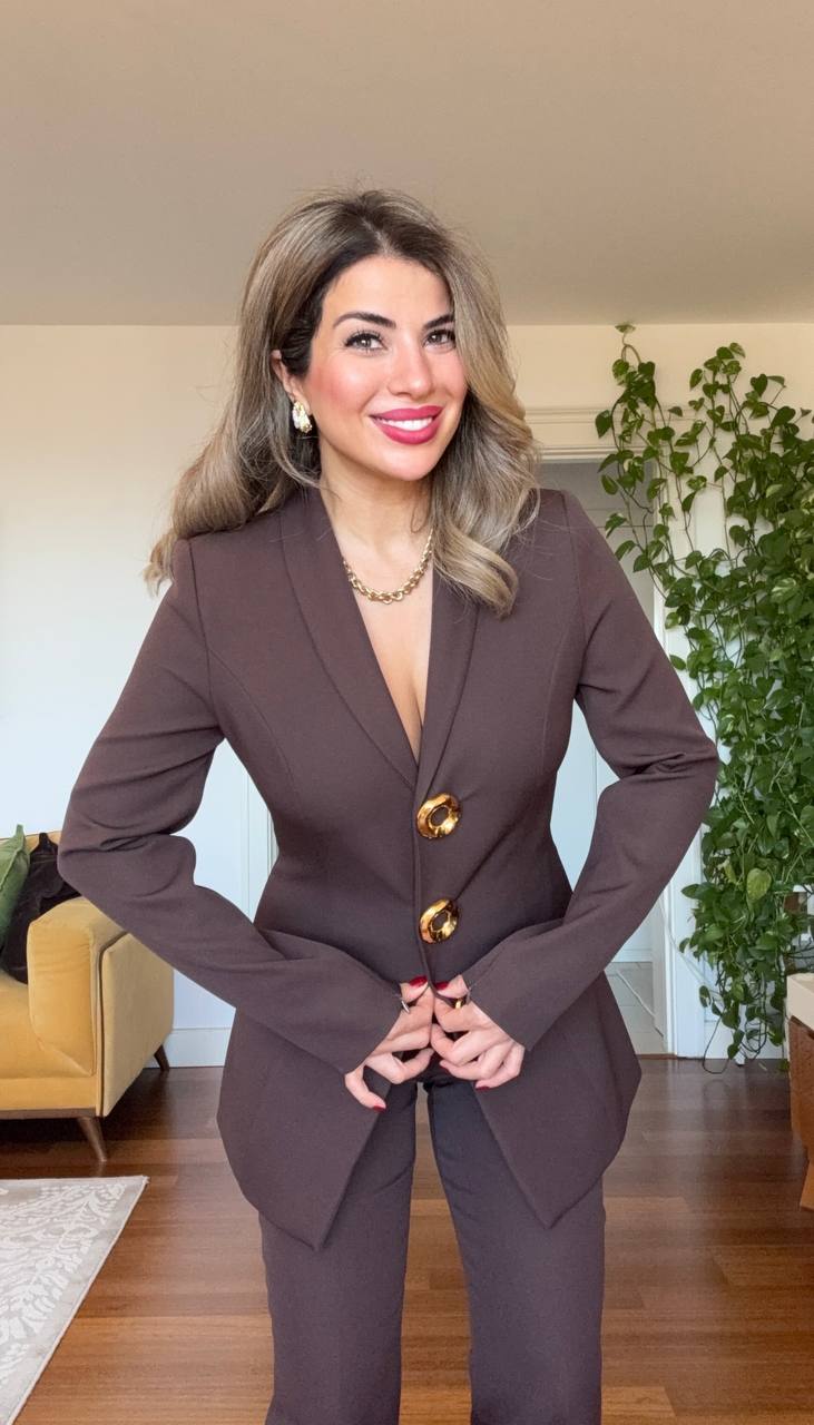 LEOPARD DETAIL BUTTONED BLAZER SUIT – BROWN