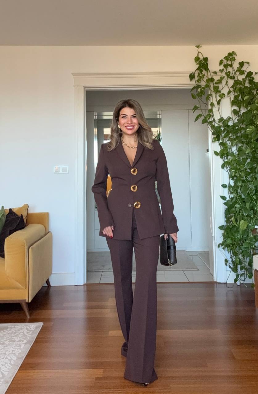 LEOPARD DETAIL BUTTONED BLAZER SUIT – BROWN