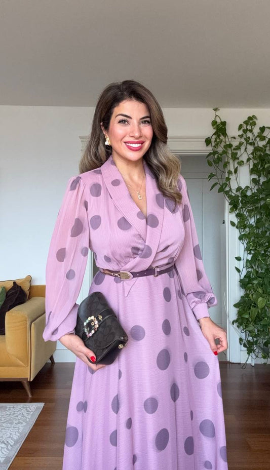 POLKA DOT CHIFFON WRAP DRESS – LILAC