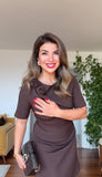 CLASSIC DRESS WITH SHOULDER FLOWER DETAIL – CHOCOLATE BROWN