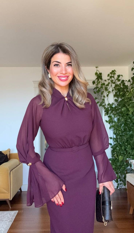 ELEGANT CHIFFON SLEEVE BELTED MIDI DRESS – PLUM
