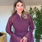 ELEGANT CHIFFON SLEEVE BELTED MIDI DRESS – PLUM