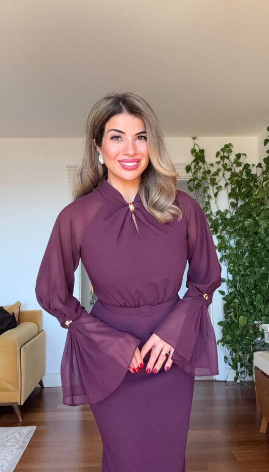 ELEGANT CHIFFON SLEEVE BELTED MIDI DRESS – PLUM