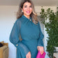 ELEGANT CHIFFON SLEEVE BELTED MIDI DRESS – PETROL GREEN