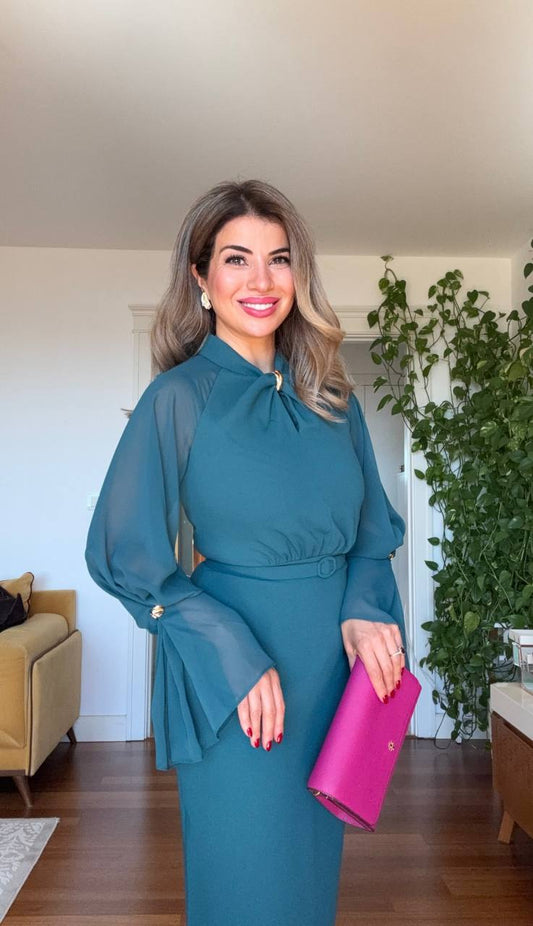 ELEGANT CHIFFON SLEEVE BELTED MIDI DRESS – PETROL GREEN
