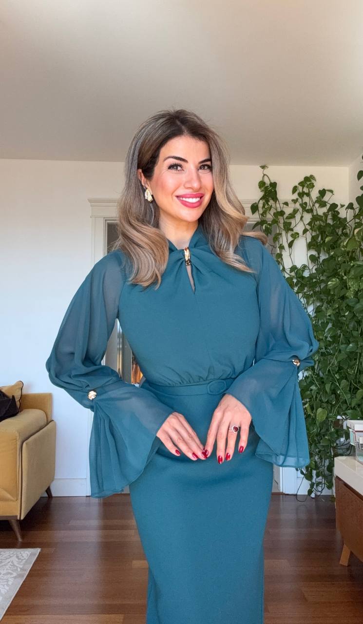 ELEGANT CHIFFON SLEEVE BELTED MIDI DRESS – PETROL GREEN