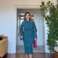 ELEGANT CHIFFON SLEEVE BELTED MIDI DRESS – PETROL GREEN