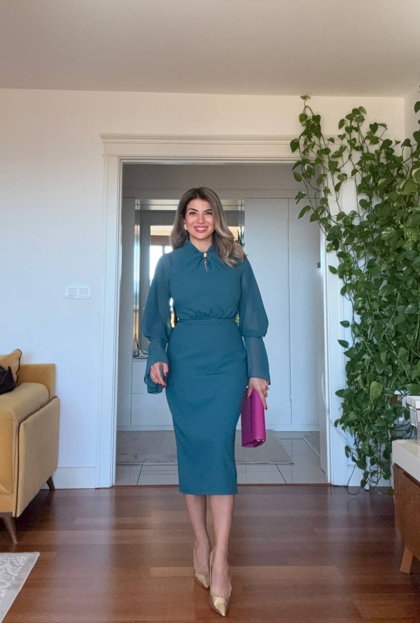 ELEGANT CHIFFON SLEEVE BELTED MIDI DRESS – PETROL GREEN