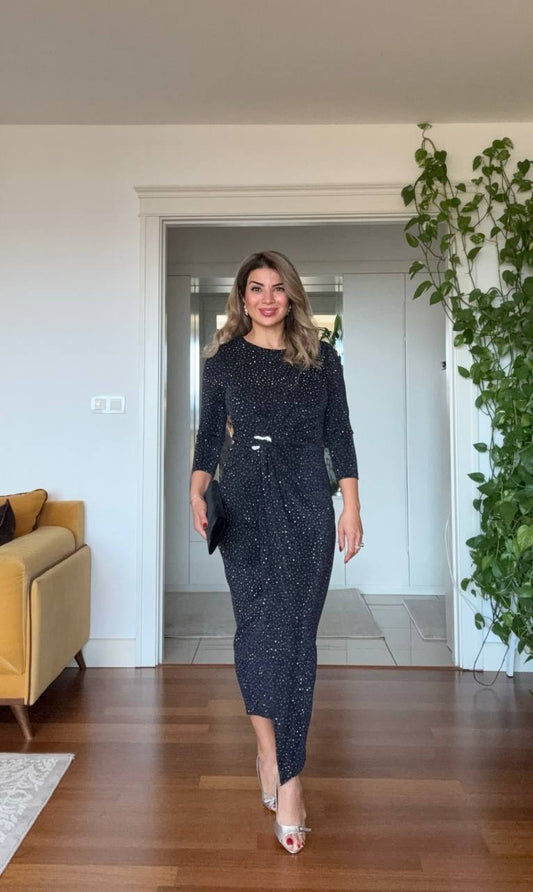 SHIMMERING WRAP DETAIL MIDI DRESS – NAVY BLUE