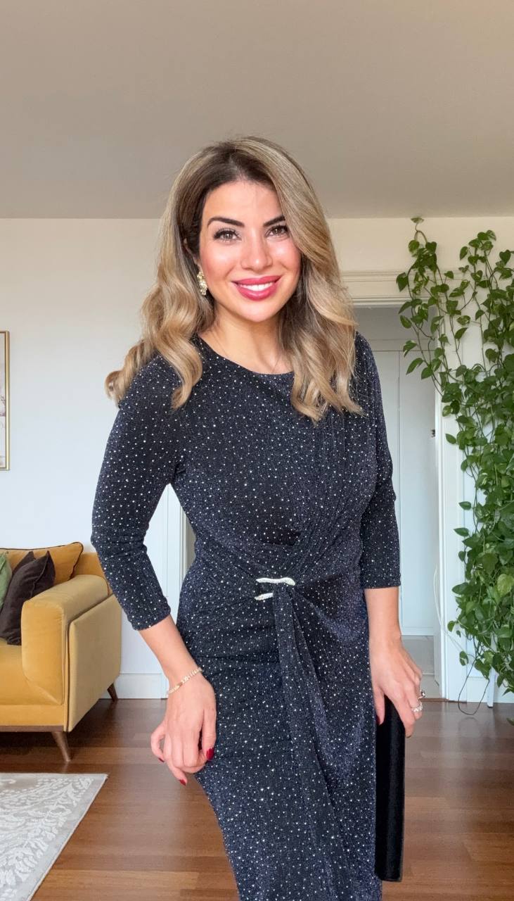 SHIMMERING WRAP DETAIL MIDI DRESS – NAVY BLUE