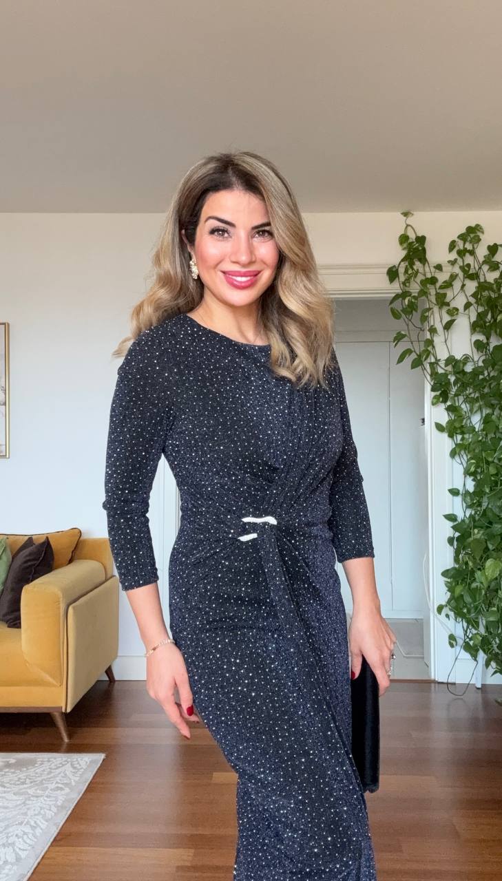 SHIMMERING WRAP DETAIL MIDI DRESS – NAVY BLUE