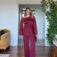 ASYMMETRICAL ONE-SHOULDER EMBELLISHED SUIT – BURGUNDY