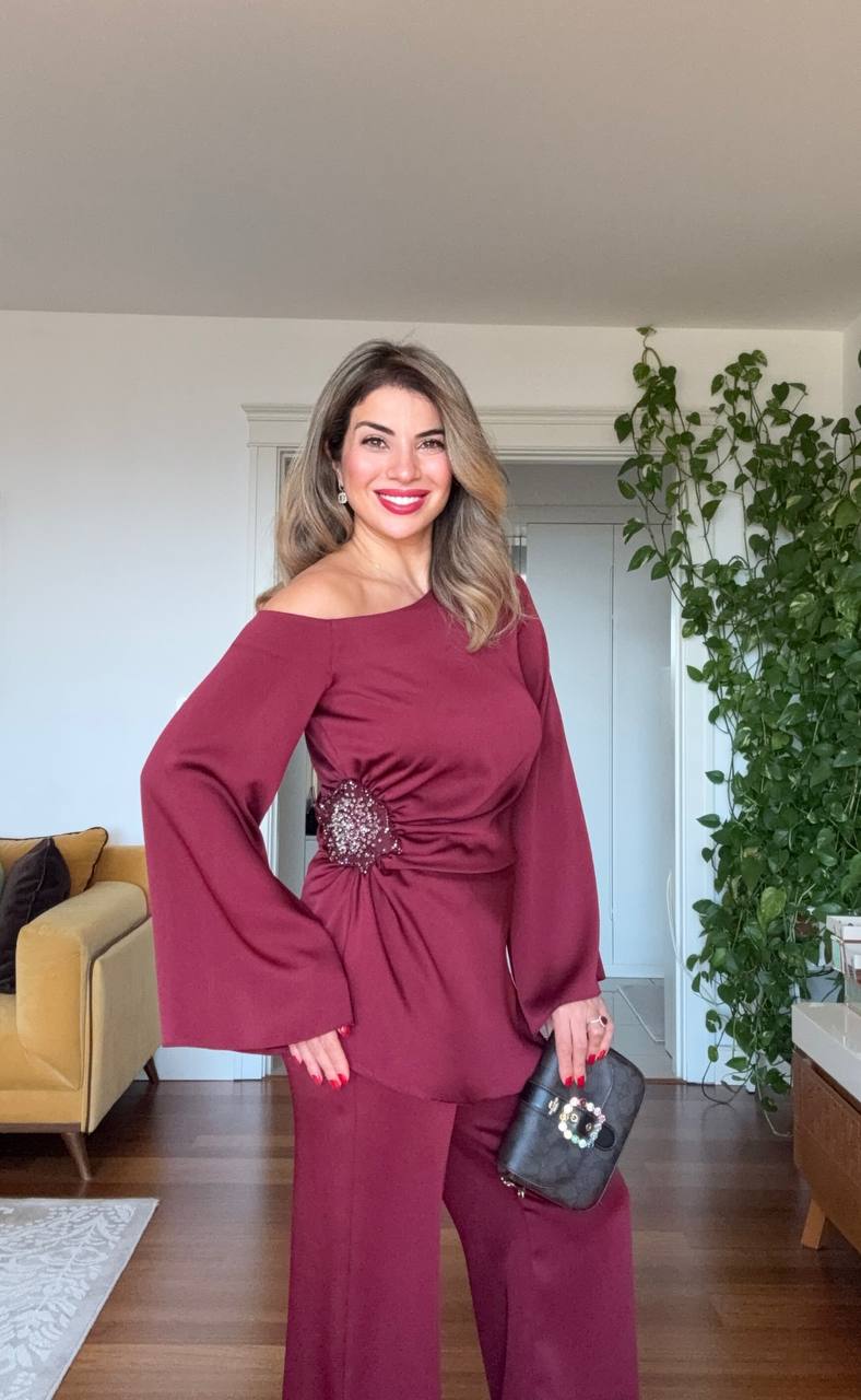 ASYMMETRICAL ONE-SHOULDER EMBELLISHED SUIT – BURGUNDY