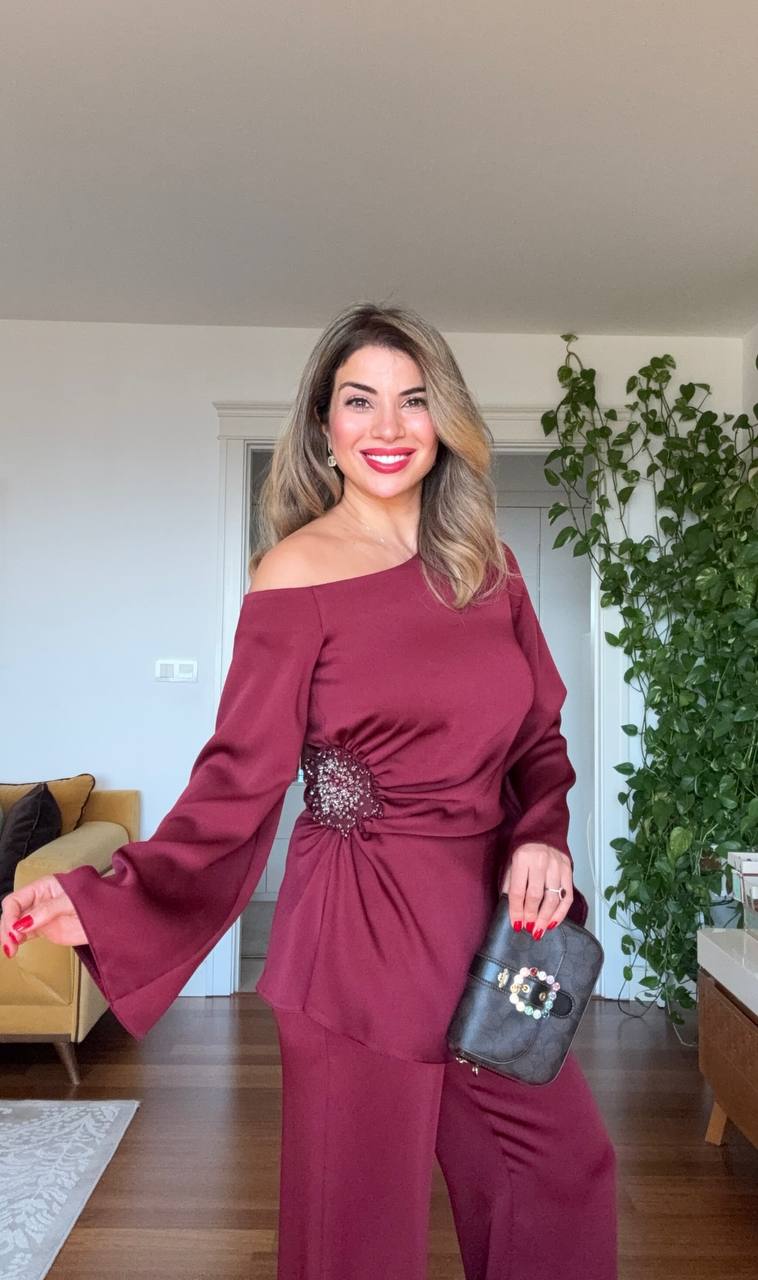 ASYMMETRICAL ONE-SHOULDER EMBELLISHED SUIT – BURGUNDY