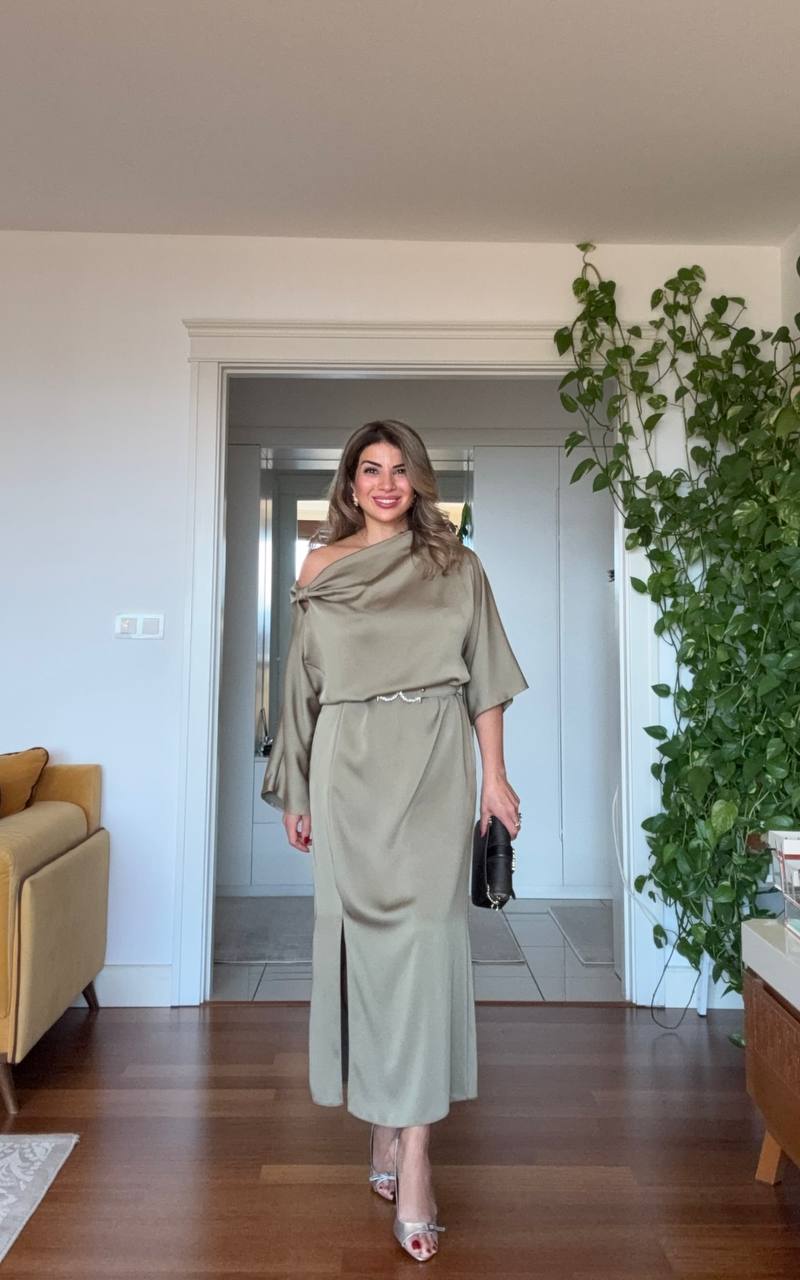 SATIN ASYMMETRICAL DRAPED DRESS – CHAMPAGNE BEIGE