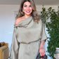 SATIN ASYMMETRICAL DRAPED DRESS – CHAMPAGNE BEIGE