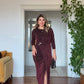 SHIMMERING WRAP DETAIL MIDI DRESS – DEEP PLUM
